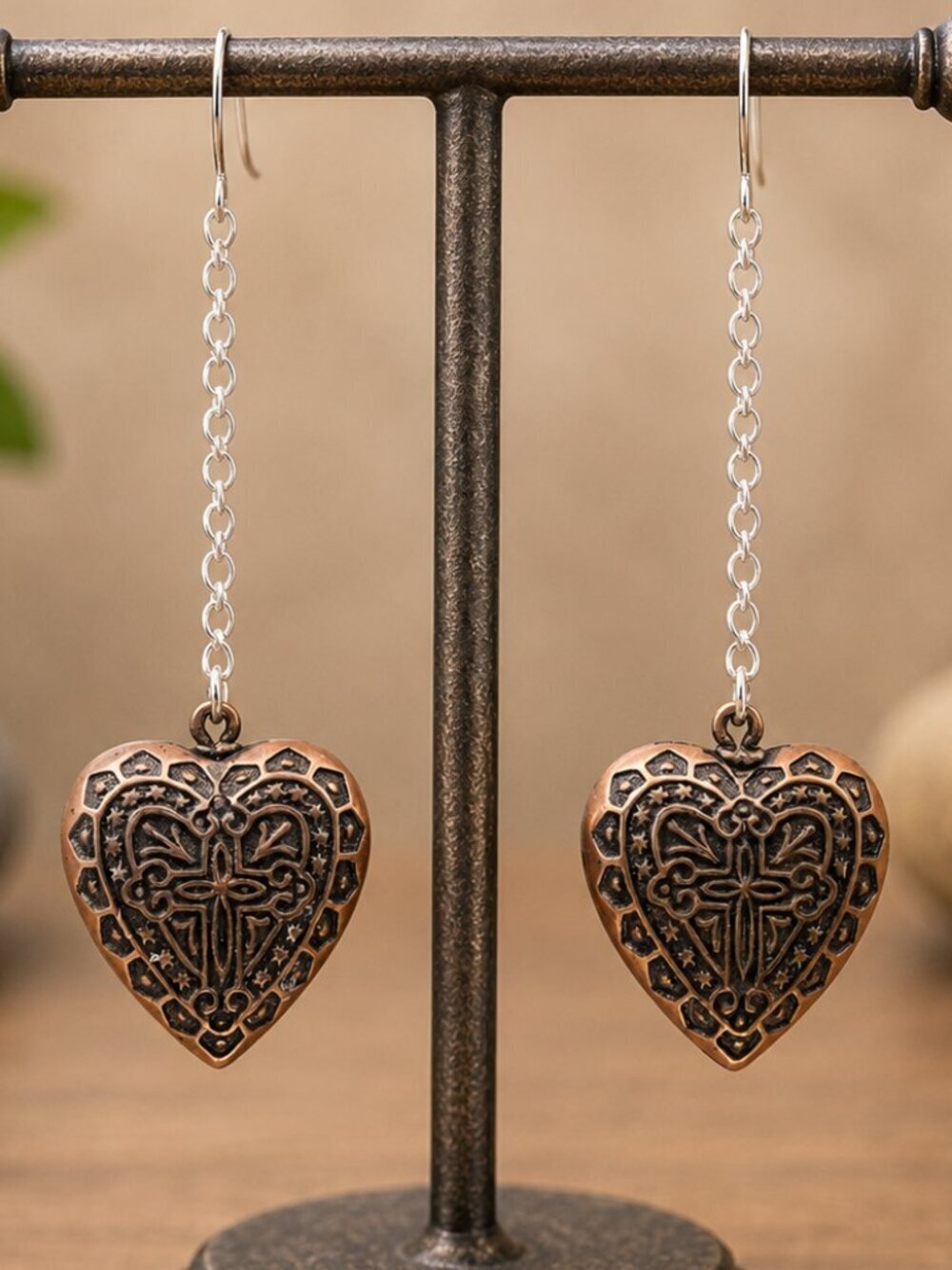 Antique Copper Filigree Heart Drop Earrings